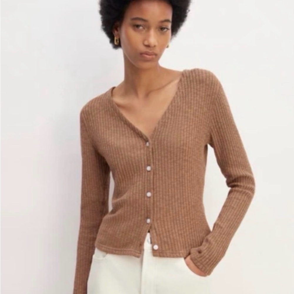 Everlane Ribbed V-Neck Button-Front Sweater Cardigan - Brown